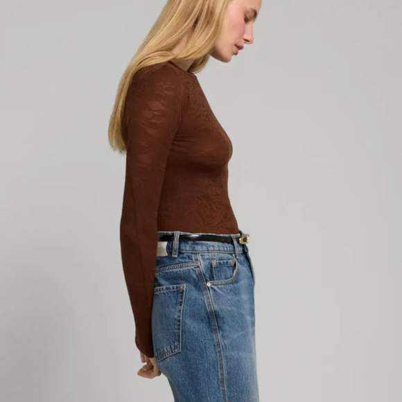 Rodebjer Brown Lace Mesh Top XS SMALL Sheer Bodycon Crewneck Shell Designer $85 - Picture 2 of 9